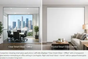 LA homes vs offices smart glass — split-frame view of switchable smart glass on a residential bathroom and a commercial conference room demonstrating spec differences