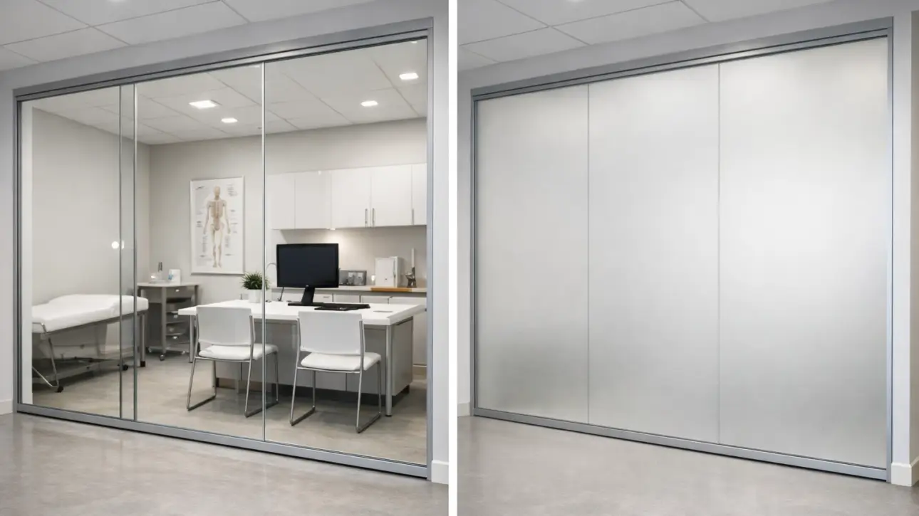 Smart glass for medical clinics — switchable PDLC glass partitions in a medical clinic hallway transitioning from clear to frosted for patient confidentiality