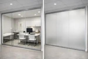 Smart glass for medical clinics — switchable PDLC glass partitions in a medical clinic hallway transitioning from clear to frosted for patient confidentiality