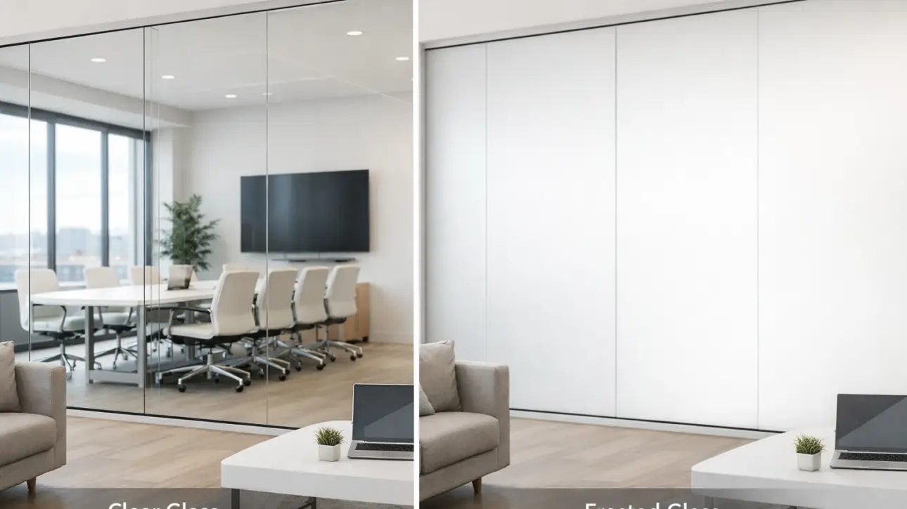 Smart film for commercial property — switchable PDLC smart film on a Class A LA office conference-room glass partition in frosted privacy mode
