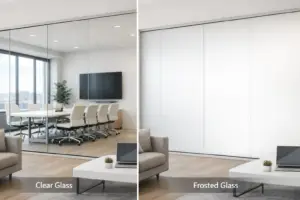 Smart film for commercial property — switchable PDLC smart film on a Class A LA office conference-room glass partition in frosted privacy mode