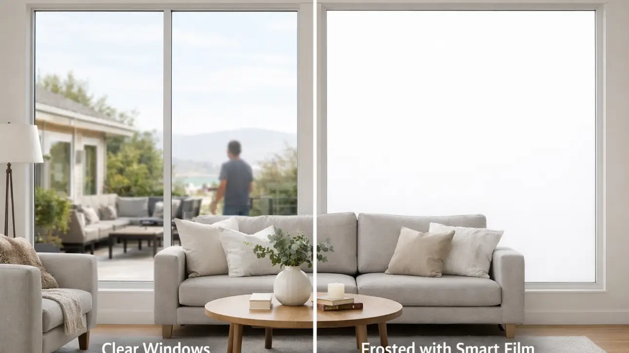Smart film privacy mistakes addressed — switchable PDLC smart film install on a Pasadena residential bathroom window in frosted privacy mode