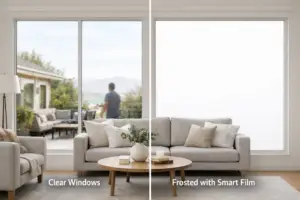 Smart film privacy mistakes addressed — switchable PDLC smart film install on a Pasadena residential bathroom window in frosted privacy mode