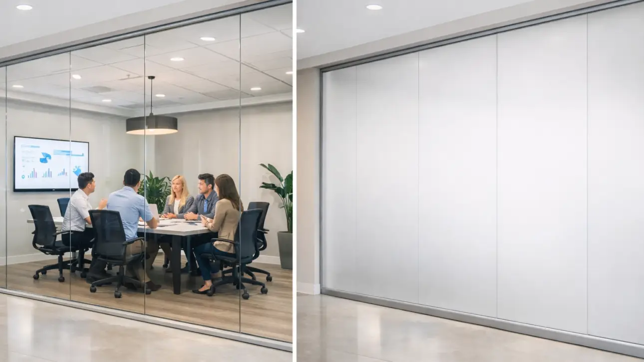 Conference room privacy film — switchable smart film install on a Beverly Hills boardroom glass wall