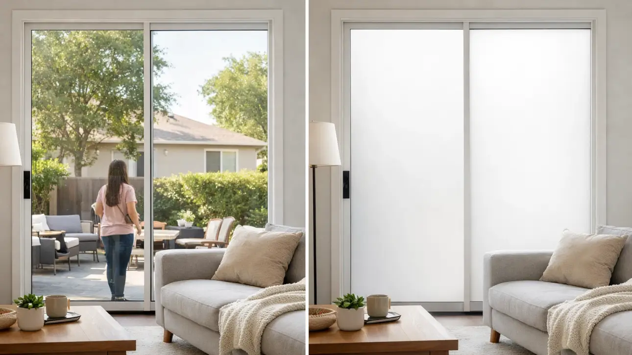 Home window privacy failures fixed — modern LA home interior with switchable smart film windows showing clear-to-frosted privacy zones replacing failed traditional treatments