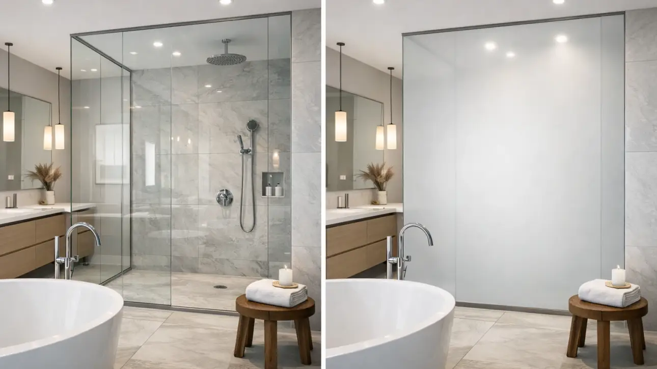 Smart glass bathroom design ideas in practice — switchable smart film on a Pasadena residential bathroom window