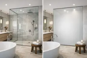 Smart glass bathroom design ideas in practice — switchable smart film on a Pasadena residential bathroom window