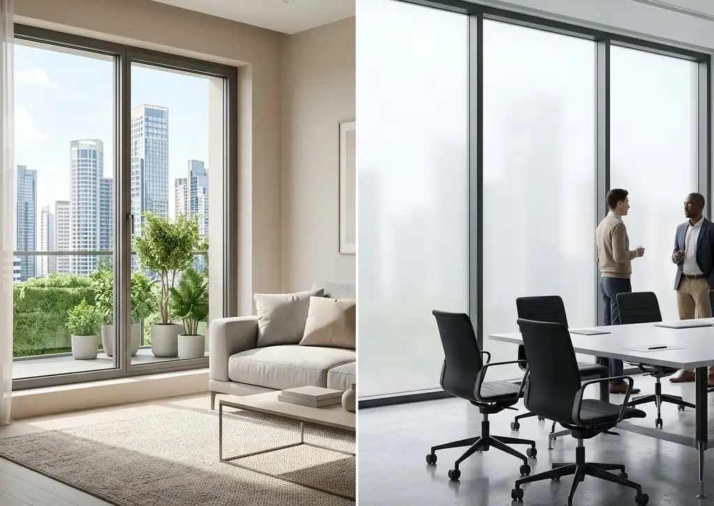Home vs office smart glass — switchable PDLC smart glass partition comparing residential and commercial install patterns in Los Angeles