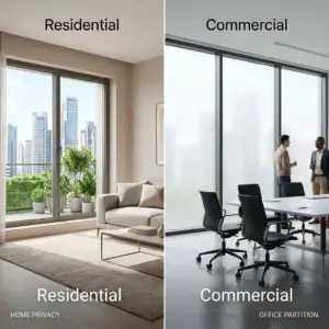 Home vs office smart glass — switchable PDLC smart glass partition comparing residential and commercial install patterns in Los Angeles
