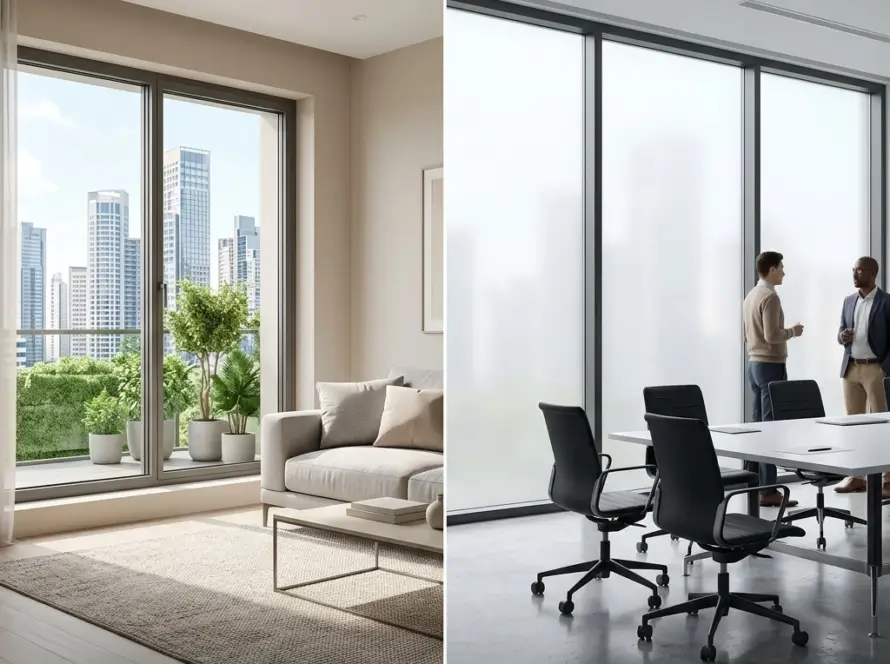 Home vs office smart glass — switchable PDLC smart glass partition comparing residential and commercial install patterns in Los Angeles
