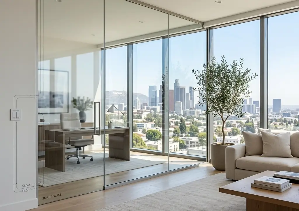 Switchable smart glass tips applied — modern executive office showing switchable smart film in clear and frosted modes after a quality install with proper glass-prep discipline
