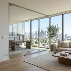 Switchable smart glass tips applied — modern executive office showing switchable smart film in clear and frosted modes after a quality install with proper glass-prep discipline