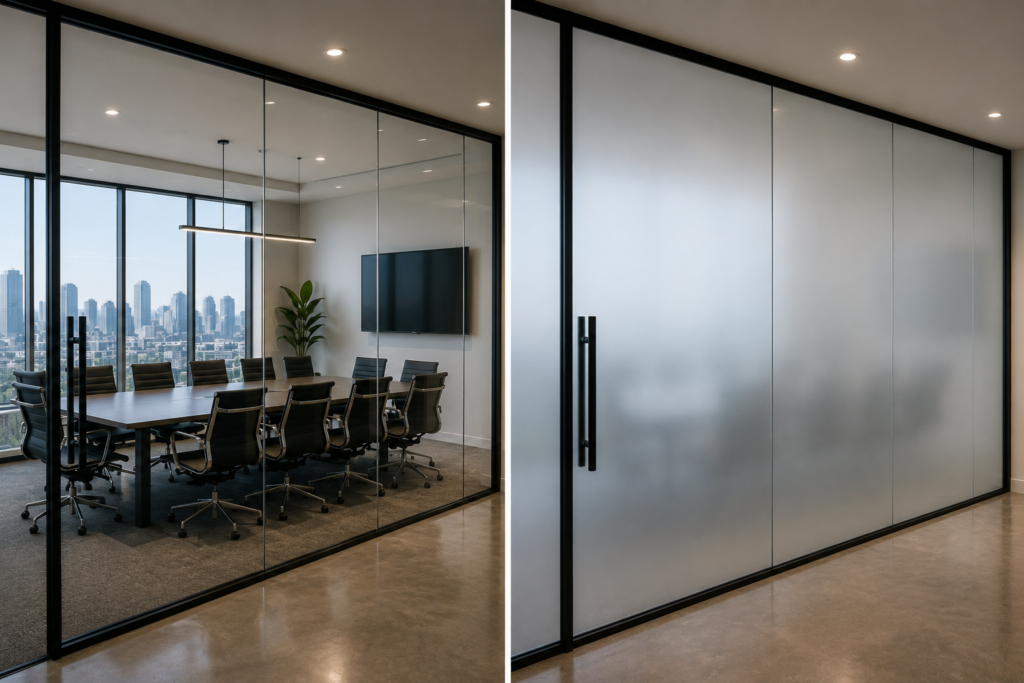 Smart glass installation in Los Angeles featuring switchable privacy glass that changes from clear to opaque at the touch of a button.